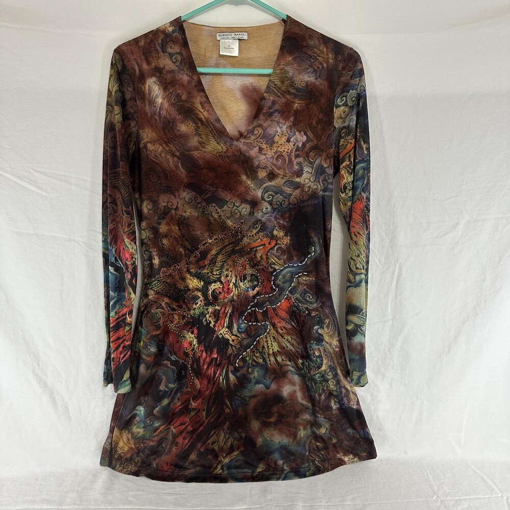 Alberto Makali Dress Womens Medium Dragon Print V Neck Long Sleeve Embellished